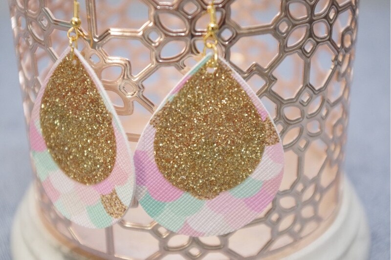 Pink Mint Mermaid Scale with Gold Glitter Teardrop Earrings